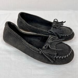 Minnetonka Kiltie Moccasin Womens 8.5 Gray Suede Leather Slip On Driving Shoes